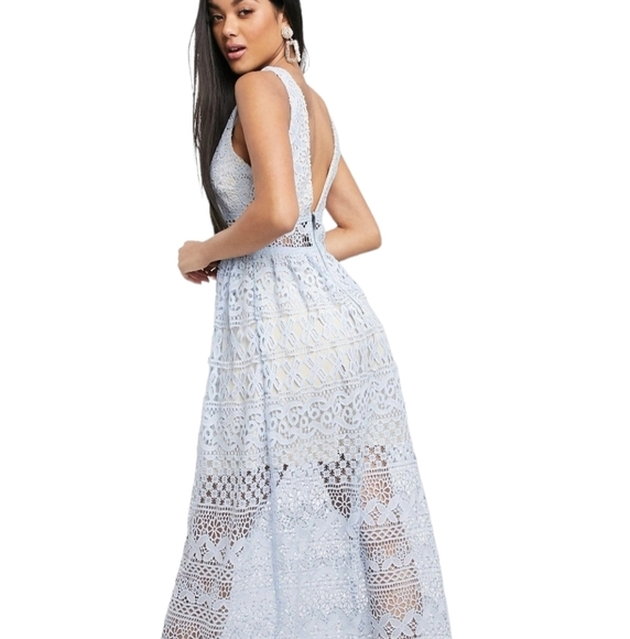 Love Triangle V Neck Lace Overlay Midi Dress Dusky Blue Small - Picture 4 of 17